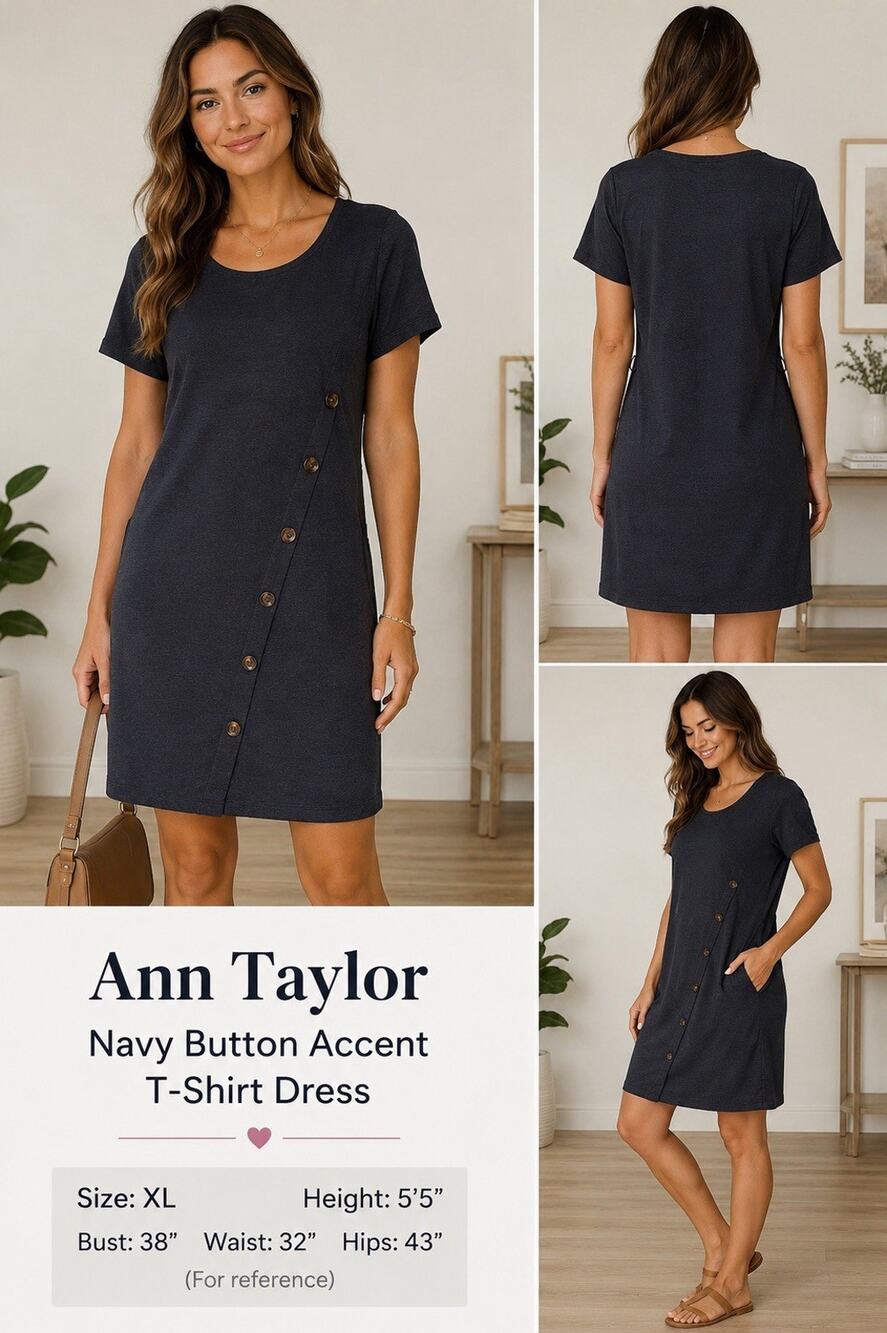 Ann Taylor Navy Button Accent T-Shirt Dress XL